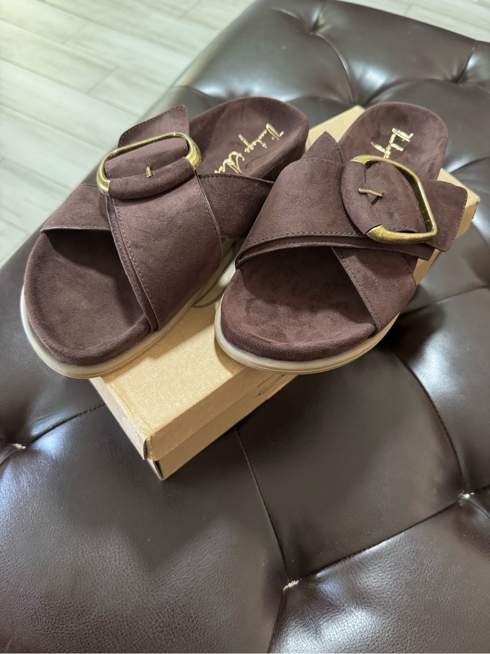 Vintage Havana Dark Brown Suede Slide Sandals with Gold Buckle
